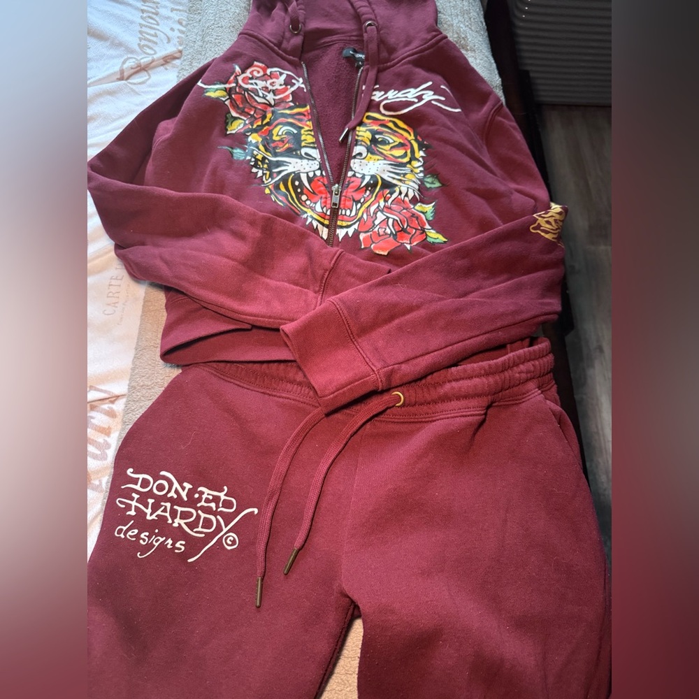 Ed Hardy Burgundy Tracksuit with Tiger Graphic